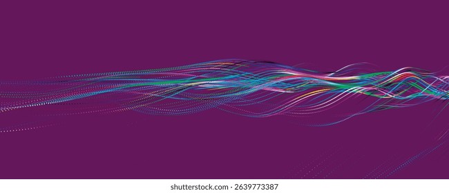 Dynamic and mesmerizing colorful wave patterns of light, energy and artistic expression, evoking a sense of energy and innovation. Wide format vector illustration.