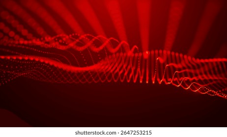 Dynamic and mesmerizing red wave patterns of light, energy and artistic expression, evoking a sense of energy and innovation. Wide format vector illustration.