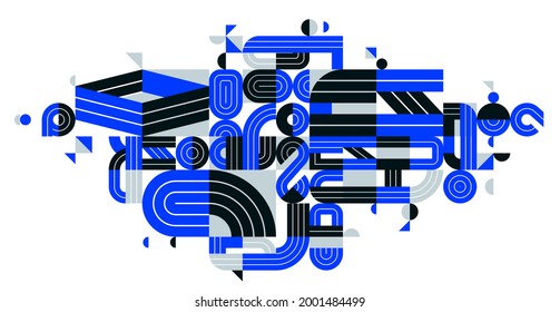 Dynamic messy abstract vector design composition, blue minimal lined modern art, stylish geometry elements, isolated over white.