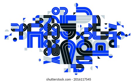 Dynamic messy abstract vector design composition, blue minimal lined modern art, stylish geometry elements, isolated over white.