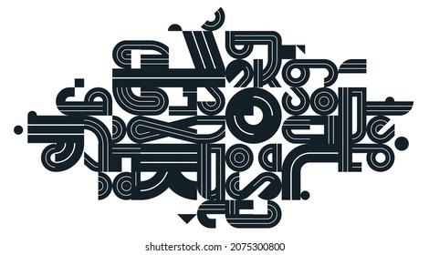 Dynamic messy abstract vector design composition, minimal lined modern art, stylish geometry elements, isolated over white, black and white.