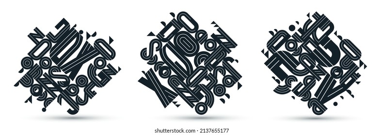 Dynamic messy abstract vector design compositions set, minimal lined modern art collection, stylish geometry elements, isolated over white, black and white.