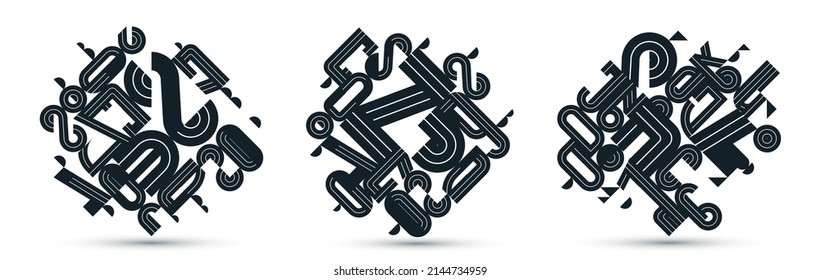 Dynamic messy abstract vector design compositions set, minimal lined modern art collection, stylish geometry elements, isolated over white, black and white.