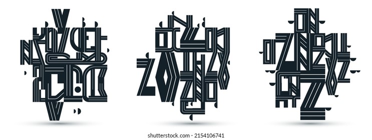 Dynamic messy abstract vector design compositions set, minimal lined modern art collection, stylish geometry elements, isolated over white, black and white.