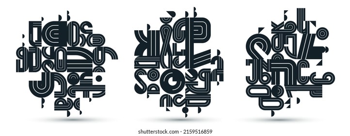 Dynamic messy abstract vector design compositions set, minimal lined modern art collection, stylish geometry elements, isolated over white, black and white.