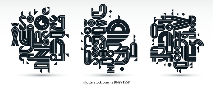 Dynamic messy abstract vector design compositions set, minimal lined modern art collection, stylish geometry elements, isolated over white, black and white.