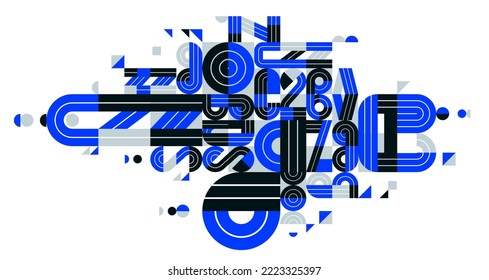 Dynamic messy abstract vector design composition, blue minimal lined modern art, stylish geometry elements, isolated over white.