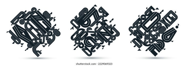 Dynamic messy abstract vector design compositions set, minimal lined modern art collection, stylish geometry elements, isolated over white, black and white.