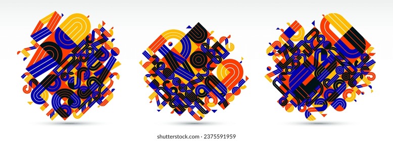 Dynamic messy abstract vector design compositions set, minimal lined modern art collection, stylish geometry elements, isolated over white.