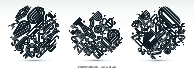 Dynamic messy abstract vector design compositions set, minimal lined modern art collection, stylish geometry elements, isolated over white, black and white.