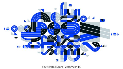 Dynamic messy abstract vector design composition, blue minimal lined modern art, stylish geometry elements, isolated over white.