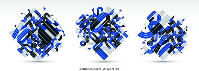 Dynamic messy abstract vector design compositions set, blue minimal lined modern art collection, stylish geometry elements, isolated over white.
