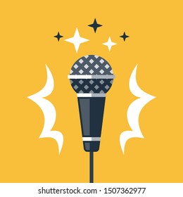 Dynamic microphone, open mic comedy stand up, performance event, live music, karaoke, master of ceremonies or emcee, talk show, podcast or broadcast, sound recording studio, vector flat illustration