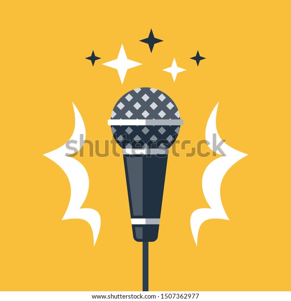 Dynamic microphone, open mic comedy stand\
up, performance event, live music, karaoke, master of ceremonies or\
emcee, talk show, podcast or broadcast, sound recording studio,\
vector flat\
illustration