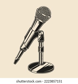 Dynamic Microphone Vintage Sketch Monochrome For Recording Studio Or Radio Station Mounted On Stand At Diagonal Angle Vector Illustration