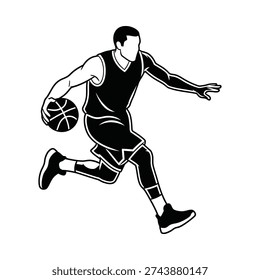 A dynamic, minimalist black and white graphic showing a male athlete in mid-stride while dribbling a basketball. This high-contrast vector art captures speed and professional sports movement.