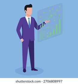 Dynamic Minimalist Vector Illustration of a Person Interacting with a Floating Holographic Data Chart, Representing Intuitive Machine Learning Analysis and Real-Time Data Visualization for Strategic B