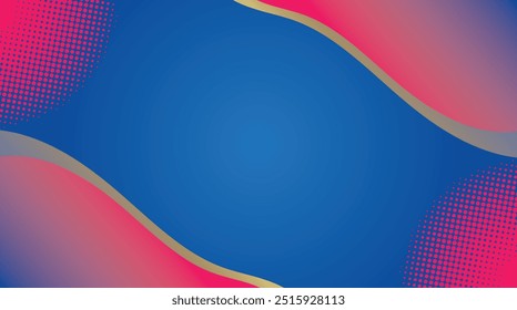 Mezcla dinámica de colores, líneas onduladas y patrones punteados. La mezcla de tonos rosa brillante, azul y dorado crea un ambiente enérgico y moderno.