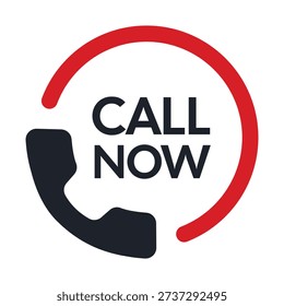 A dynamic and modern circular call-to-action (CTA) icon designed for high-visibility digital engagement. The design features a bold black telephone handset symbol positioned at the bottom left, framed by a vibrant red open-circle border that draws the eye toward the central Call Now text in clean, black sans-serif typography. This professional vector asset is perfectly suited for mobile app buttons, website contact sections, and digital promotional banners for service-based businesses like retail, support centers, and emergency response teams.
