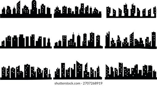 Dynamic Modern City Skyline Vector Silhouette Set.