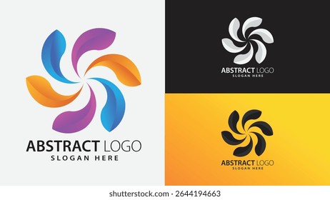 Dynamic Modern Eye-catching 3D swirl abstract logo collection with gradient elements on light, dark and orange backgrounds creative branding, business, digital identity, tech startups, branding agency
