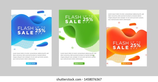 Dynamic modern fluid mobile flash Sale banners. Sale banner template design, Big sale special offer set. green, orange and blue colors. bright 3d mesh color