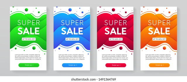 Dynamic modern fluid mobile promo banners collection. Set of trendy sale posters. 