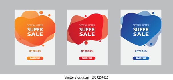 Dynamic modern fluid mobile for sale banners. Super sale banner template design, Super sale special offer set. Special offer and sale banner discount up to 50% template design with editable text