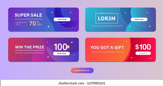 Dynamic modern fluid mobile for Voucher Sale template. Get Coupon Discount Sale banner template design. Free gift card set. Fancy colors and cool illustration shapes.