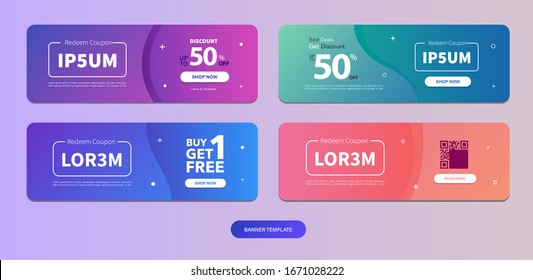 Dynamic modern fluid mobile for Voucher Sale template. Get Coupon Discount Sale banner template design. Free gift card set. Fancy colors and cool illustration shapes.