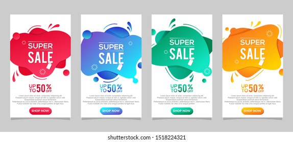 Dynamic modern fluid for sale banners. Sale banner vector template design. Super sale special offer and discount up to 50% template set