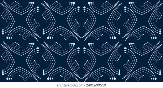 Dynamic modern seamless pattern of curved lines. White shapes on dark royal blue background. Fantasy geometric shapes. Mosaic tiles. Monochrome blue decor for clothes, home, etc.
