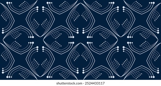 Dynamic modern seamless pattern of curved lines. White shapes on dark royal blue background. Fantasy geometric shapes. Mosaic tiles. Monochrome blue decor for clothes, home, etc.
