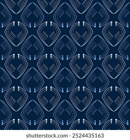 Dynamic modern seamless pattern of curved lines. White shapes on dark royal blue background. Fantasy geometric shapes. Mosaic tiles. Monochrome blue decor for clothes, home, etc.