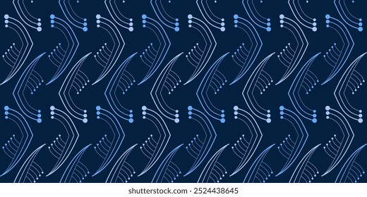 Patrón dinámico y moderno sin fisuras de líneas curvas. Formas azules degradadas sobre fondo azul real oscuro. Formas geométricas de fantasía. Azulejos de mosaico. Decoración azul monocromo para la ropa, el hogar, etc.