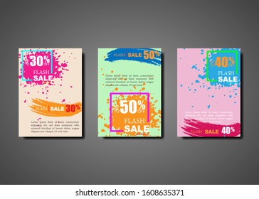 Dynamic modern splash brochures for flash sale banners. Sale colorful brush stroke banner template design, Flash sale special offer set. Vector illustration bright colours background 