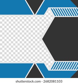 A dynamic, modern template featuring blue and black geometric shapes with a prominent rectangular space for your image on the left