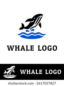 A dynamic and modern whale logo design featuring a jumping whale with ocean waves isolated on white
