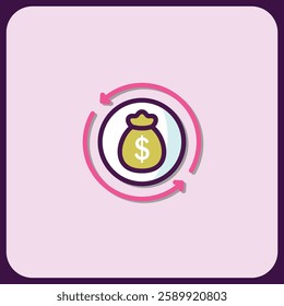 Dynamic Money Flow Icon: Circular Arrows Encircling a Money Bag