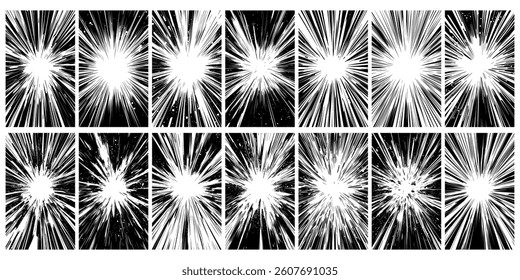 Dynamic monochromatic backgrounds displaying radial burst patterns collection