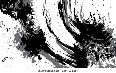 Dynamic monochrome abstract with textured brushstrokes evoking a sense of creative expression and dramatic contrast on a stark white backdrop offering versatile design potential