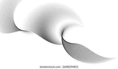 Dynamic monochrome halftone dots: abstract wave patterns for technology and sound, A dynamic particle waves, A halftone gradient on transparent background.