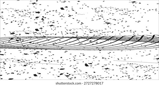 Dynamische monochrome Abbildung mit einem zentralen Spiralelement, das von zahlreichen verstreuten schwarzen Teilchen umgeben ist