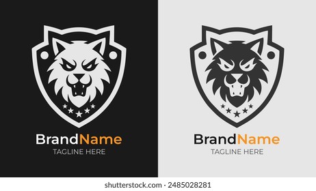 Dynamic monochrome shield logos featuring an angry cat head. Ideal for creating a strong, aggressive brand identity