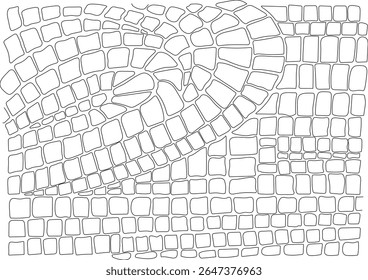 Dynamic monochrome vector art showcasing an abstract mosaic pattern, blending geometric and organic tile shapes into a captivating design, ideal for textures, backgrounds, and creative projects.