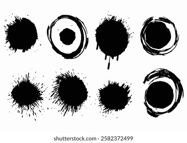 Dynamic monochrome vector collection of bold black paint splashes and circle brushstrokes for modern graphic design and creative projects. Minimalism with contrasting textures