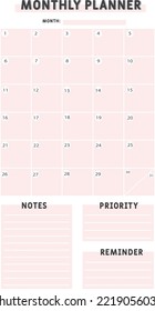 Dynamic Monthly Planner Baby Pink Pastel with minimalistic modern design vector