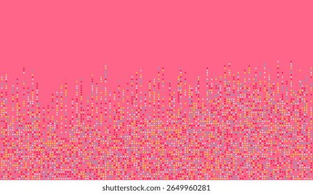 Dynamic mosaic of tiny colorful squares rising from bottom over pink background, perfect for pop design, digital decoration, and modern geometric themes.