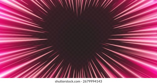 El movimiento dinámico estalla con el efecto de corazón de anime de rayo de velocidad para el diseño de manga: líneas radiales rosadas, rayas brillantes y energía romántica. Escena de amor de acción con desenfoque de perspectiva para gráficos de cómics o juegos.