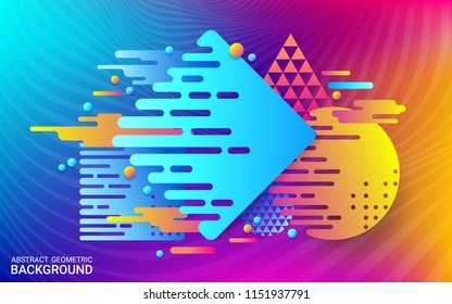 Dynamic motion of geometric shapes. Blue, red and violet flat shape on bright background. Colorful futuristic abstract image. Template for the design of books, banners,  invitations. Vector
